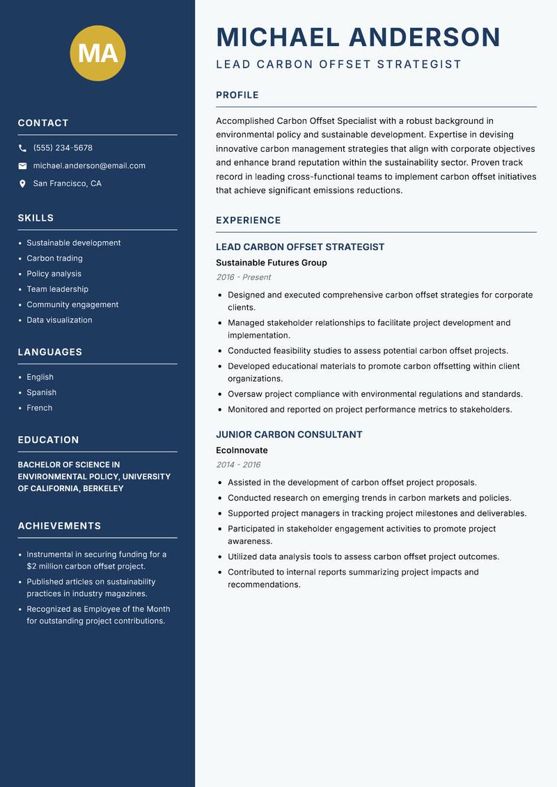 Carbon Offset Specialist resume template — Classic Clean
