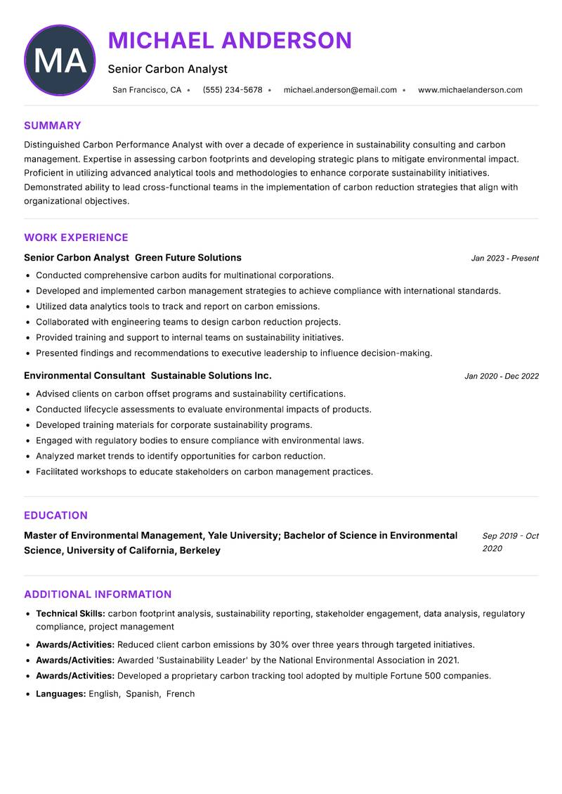 Carbon Performance Analyst resume example — ATS-friendly template
