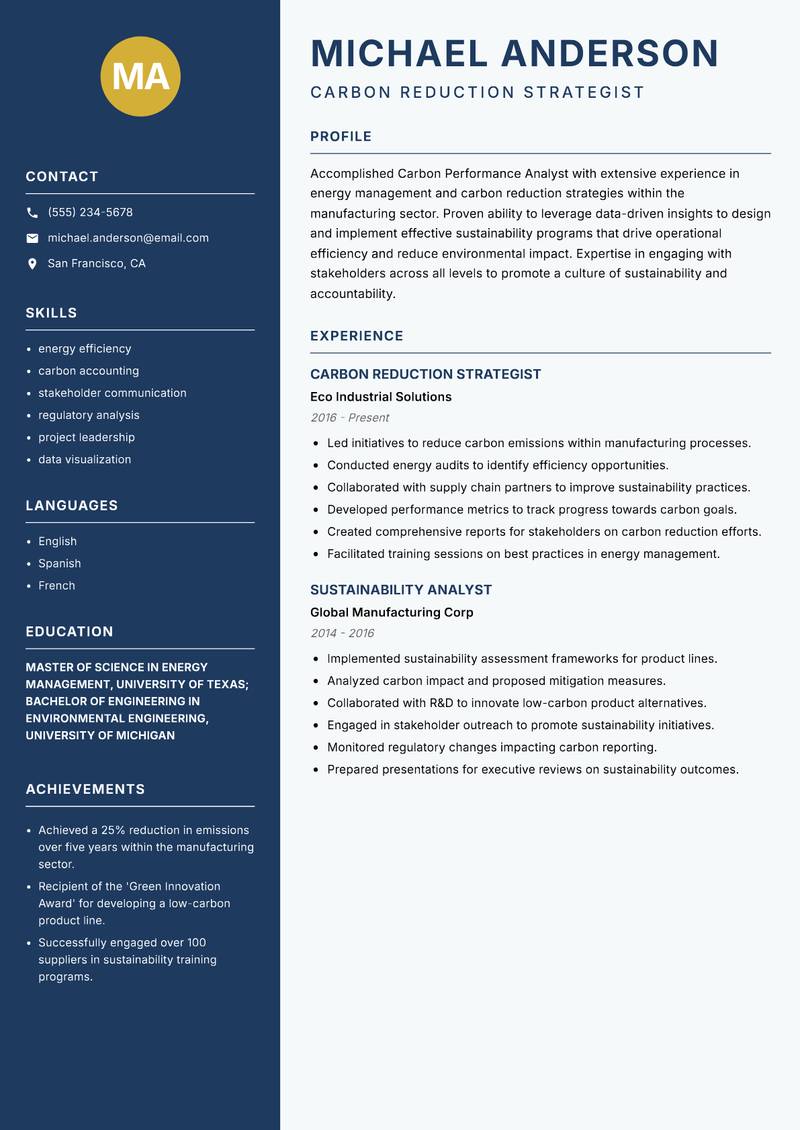 Carbon Performance Analyst resume template — Classic Clean