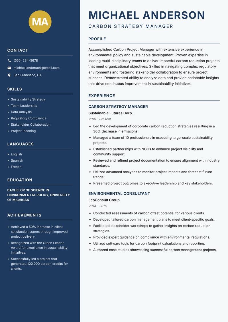 Carbon Project Manager resume template — Classic Clean