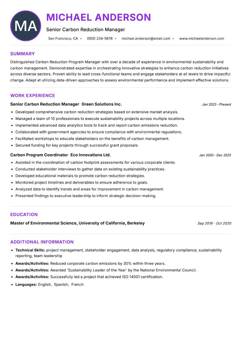 Carbon Reduction Program Manager resume example — ATS-friendly template