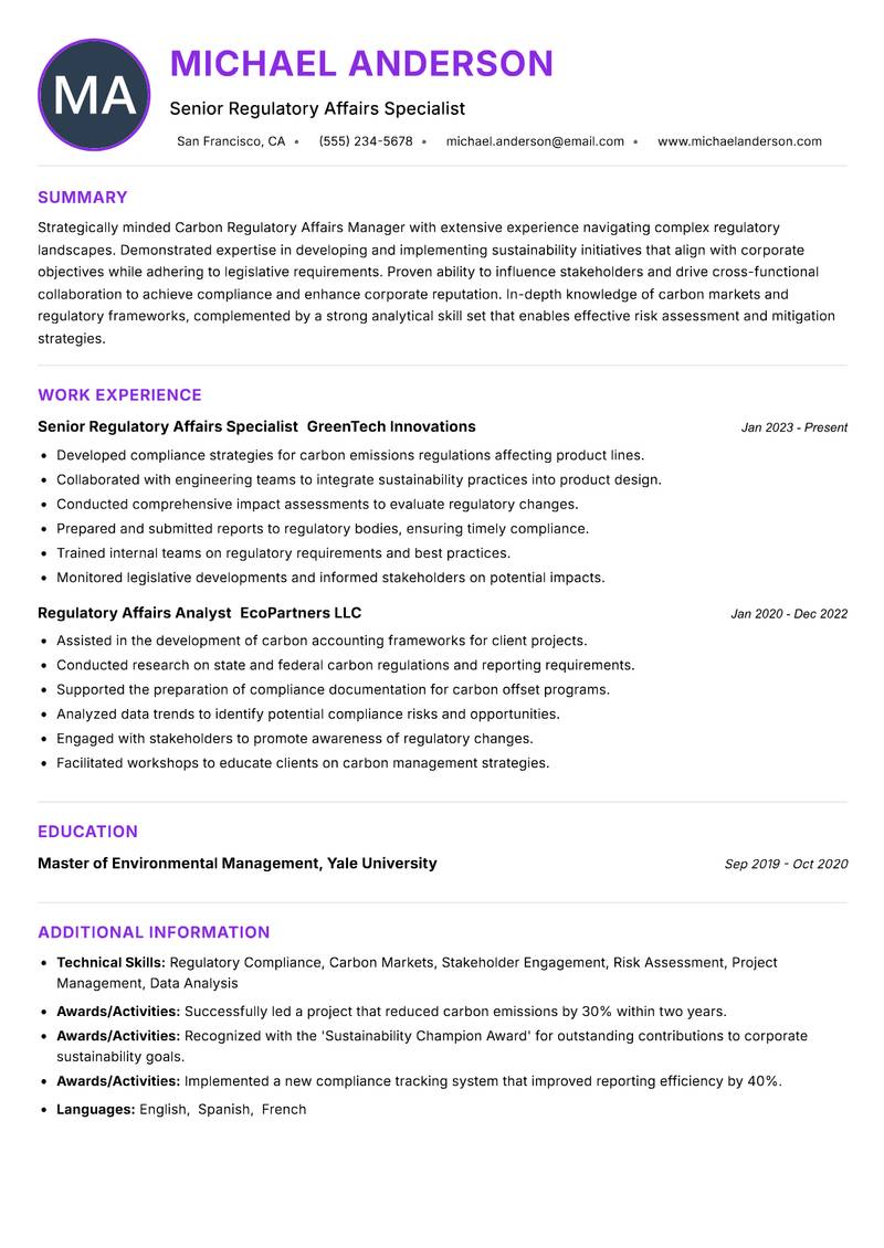Carbon Regulatory Affairs Manager resume example — ATS-friendly template
