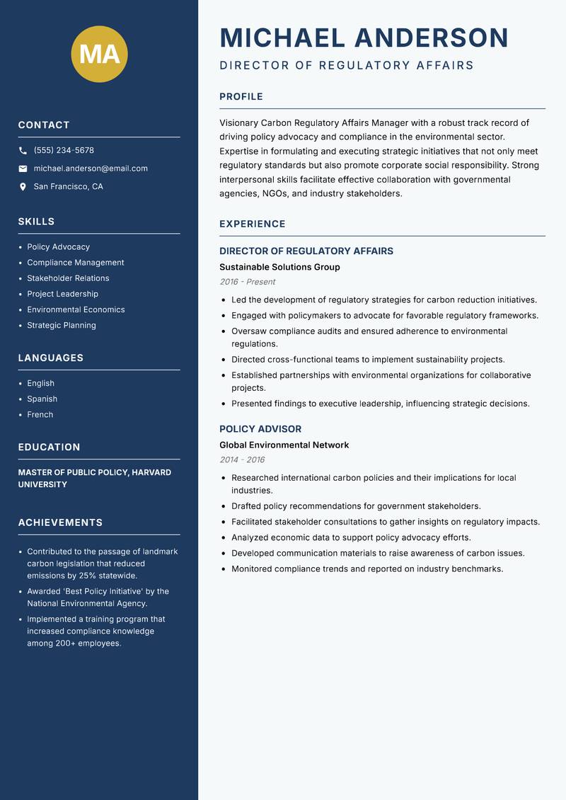 Carbon Regulatory Affairs Manager resume template — Classic Clean