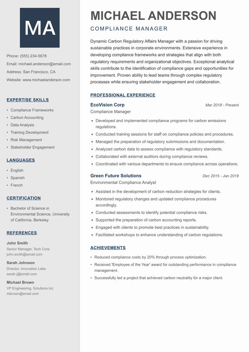 Carbon Regulatory Affairs Manager resume template — Creative Minimal