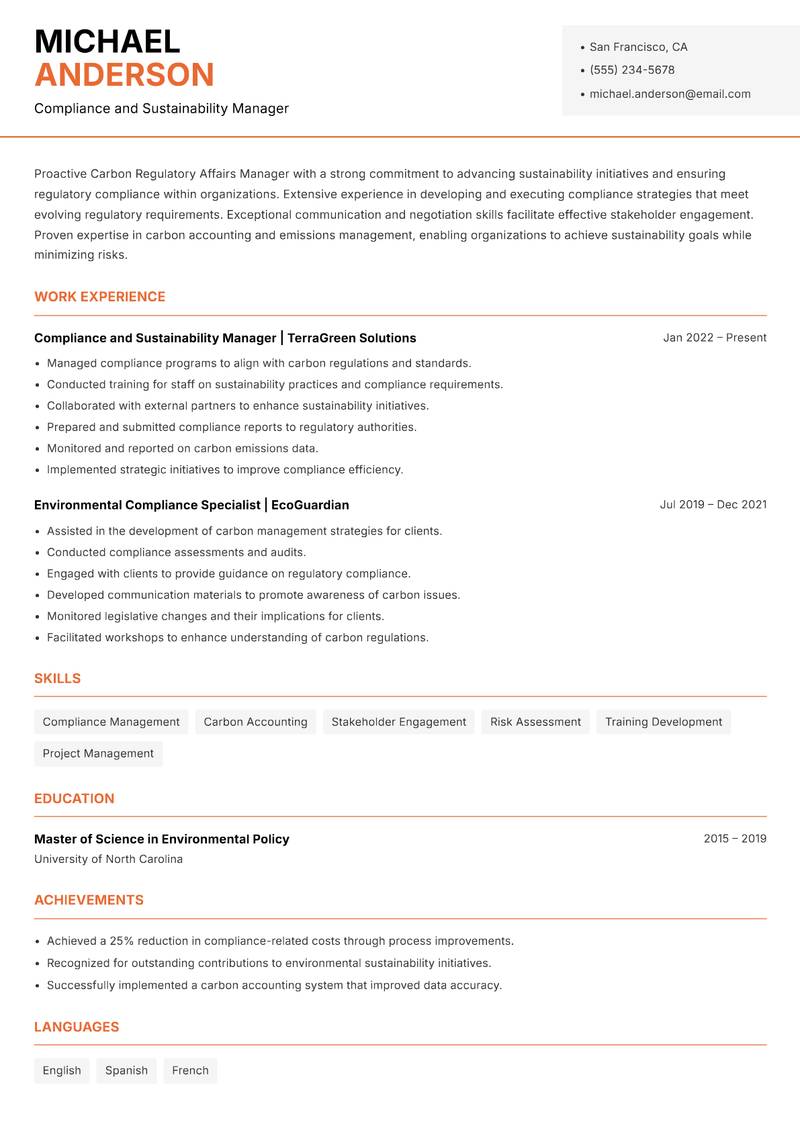Carbon Regulatory Affairs Manager resume template — Modern Professional
