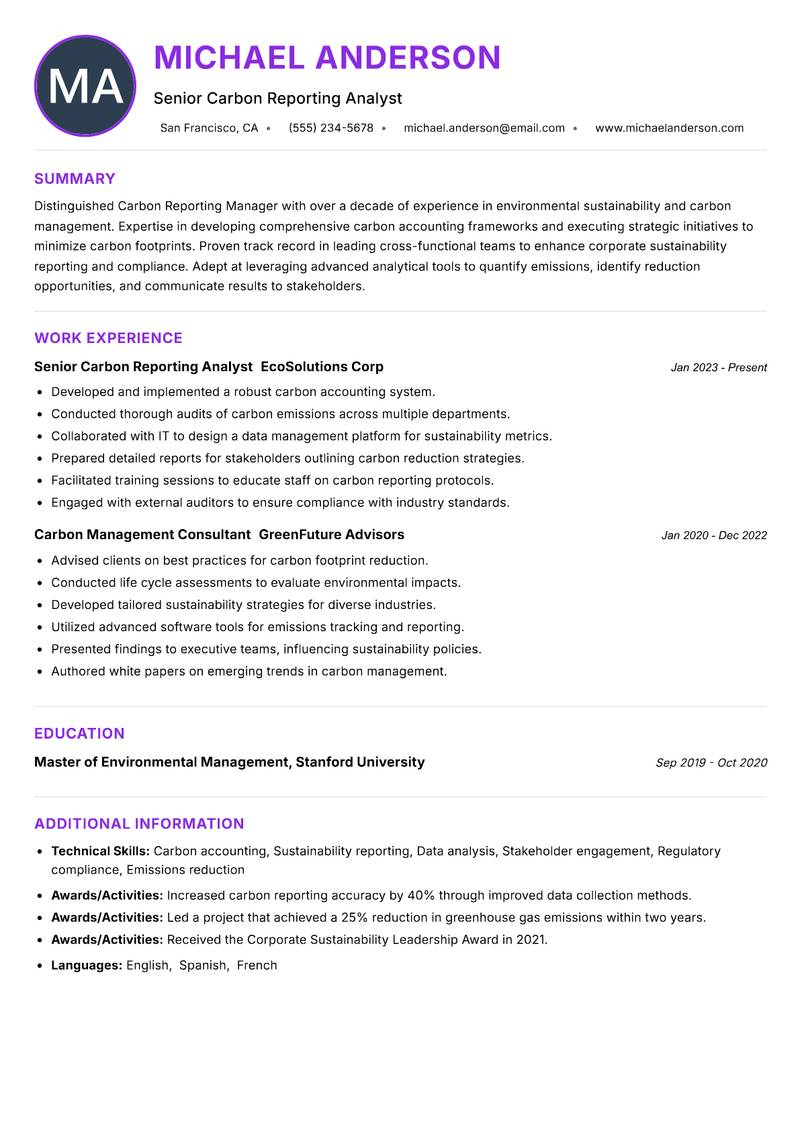 Carbon Reporting Manager resume example — ATS-friendly template