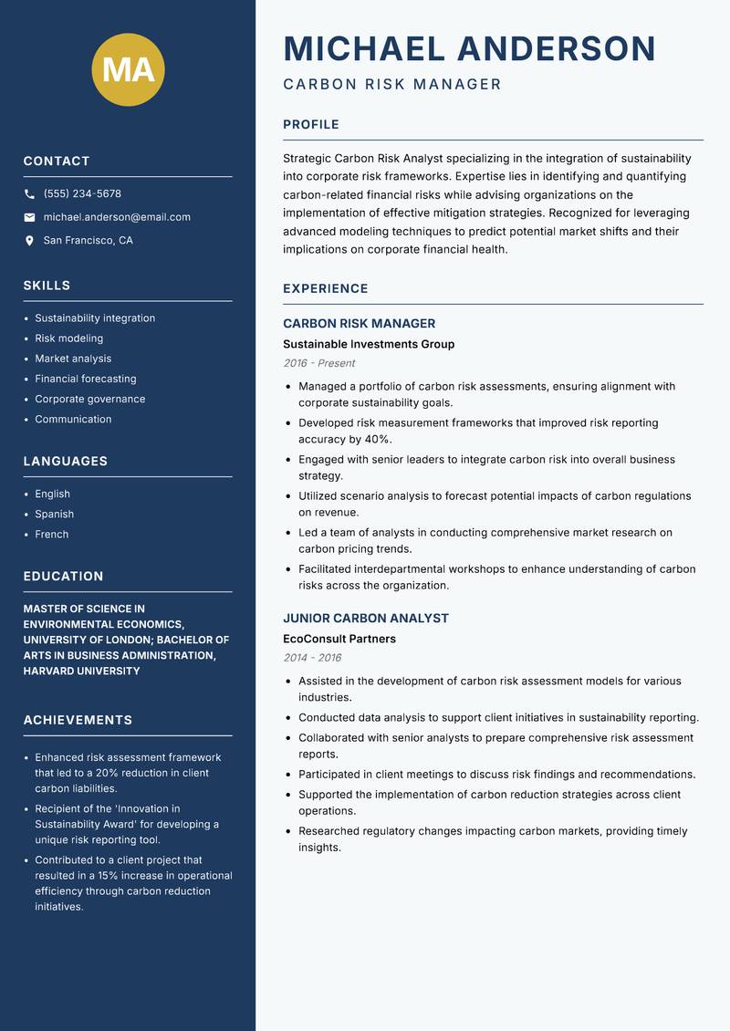 Carbon Risk Analyst resume template — Classic Clean