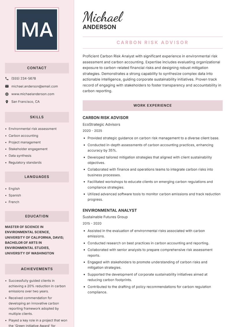 Carbon Risk Analyst resume template — Executive