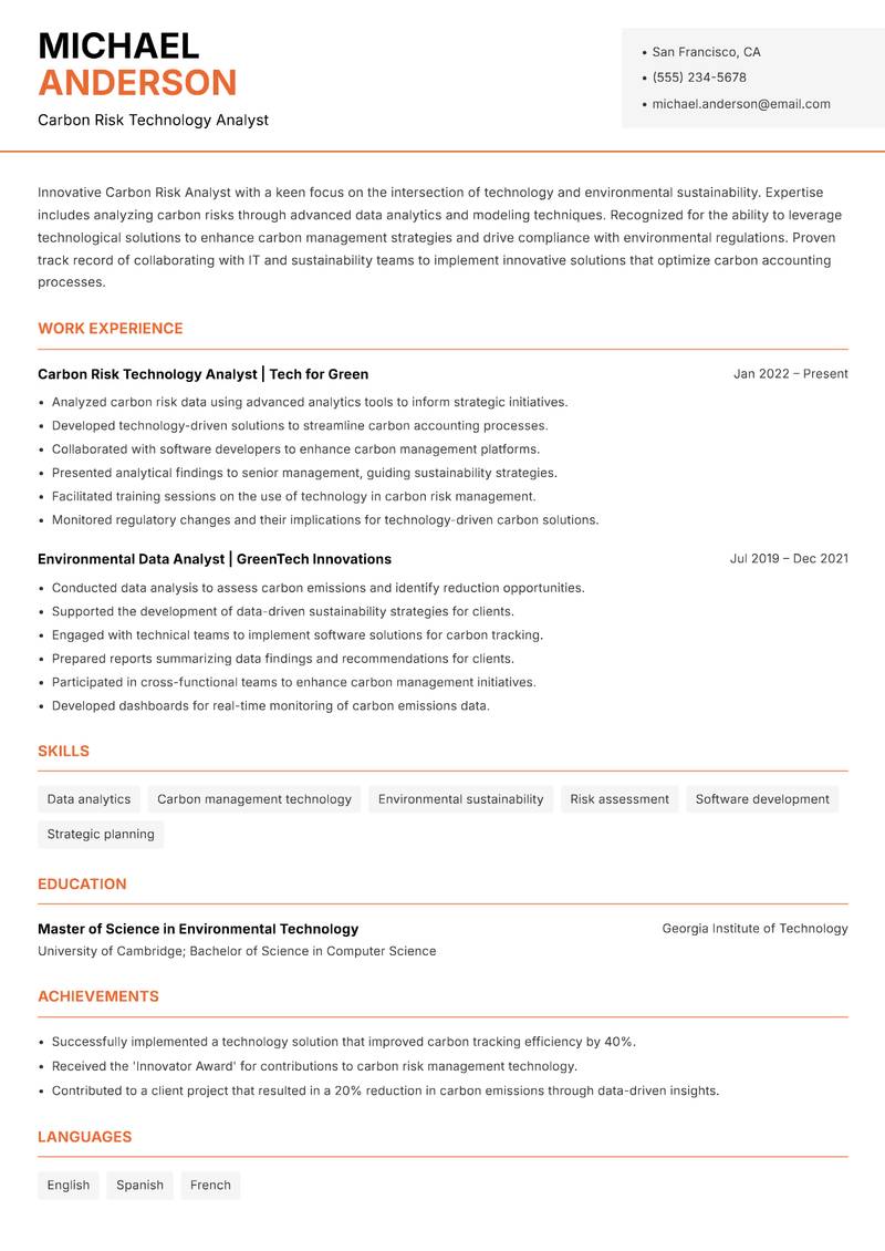 Carbon Risk Analyst resume template — Modern Professional