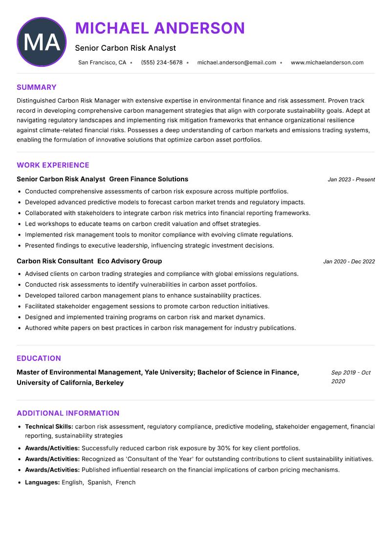 Carbon Risk Manager resume example — ATS-friendly template