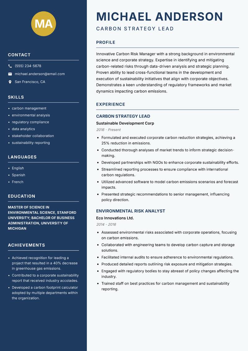Carbon Risk Manager resume template — Classic Clean