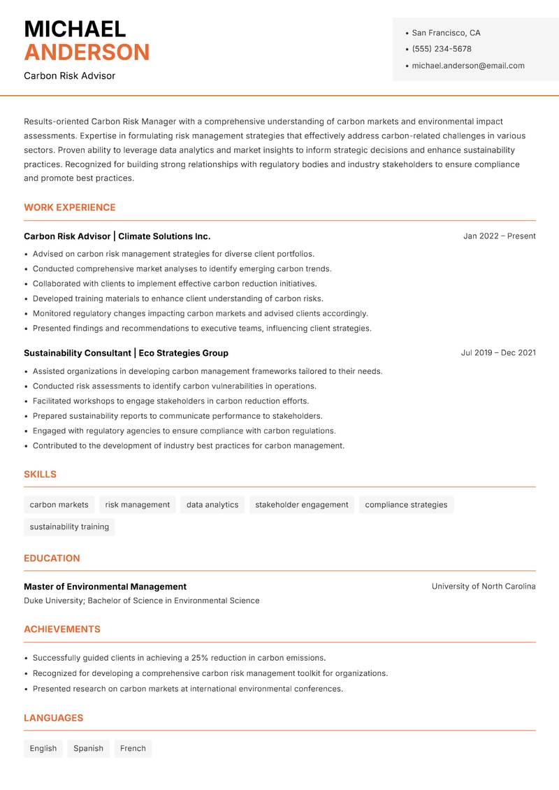 Carbon Risk Manager resume template — Modern Professional