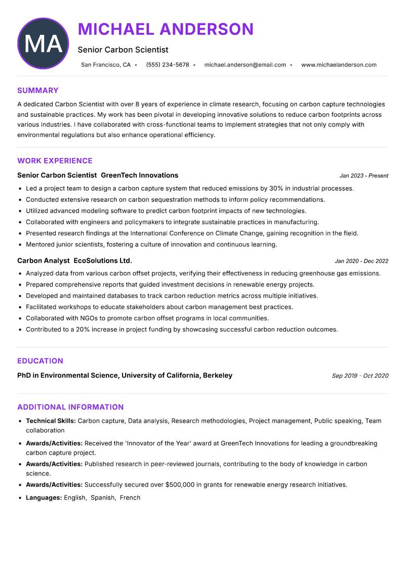 Carbon Scientist resume example — ATS-friendly template