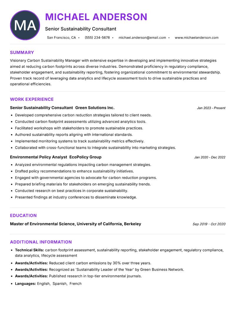 Carbon Sustainability Manager resume example — ATS-friendly template