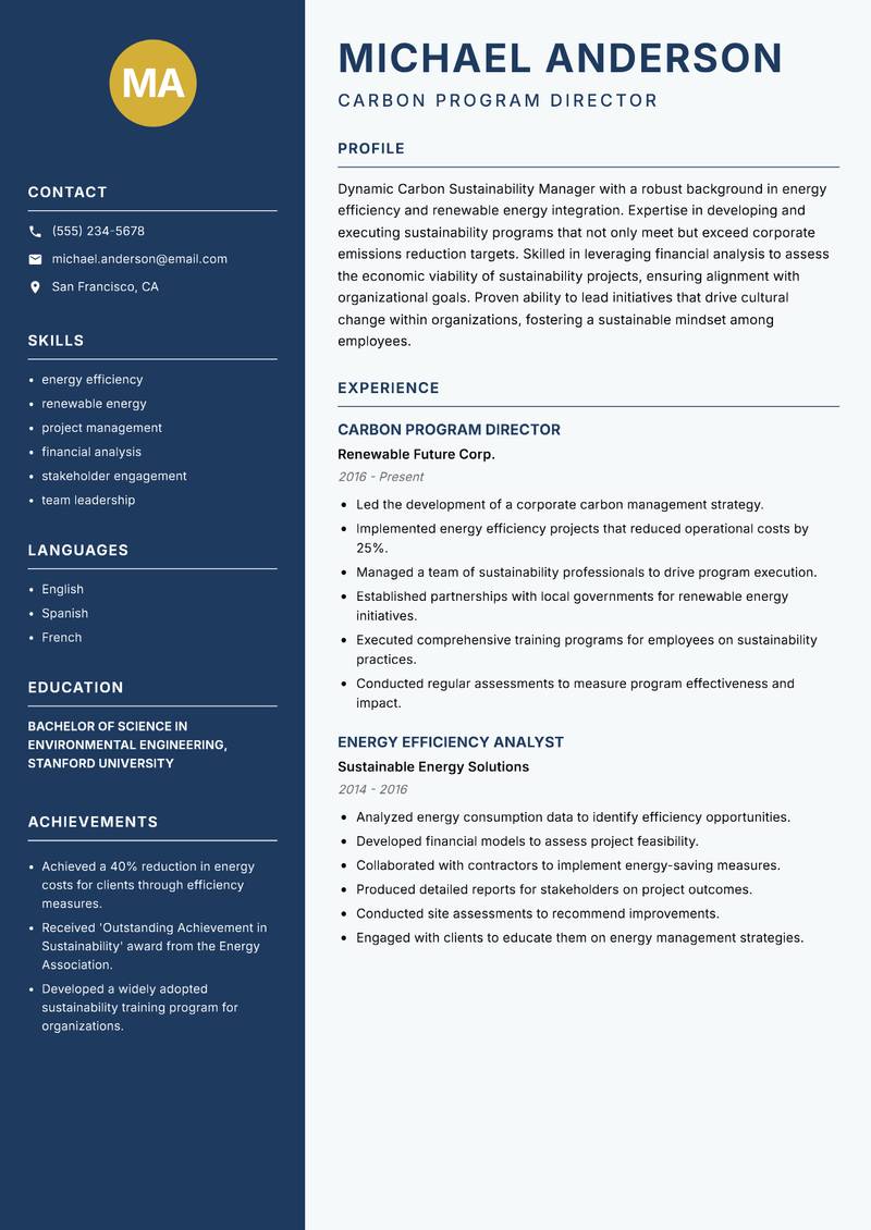 Carbon Sustainability Manager resume template — Classic Clean