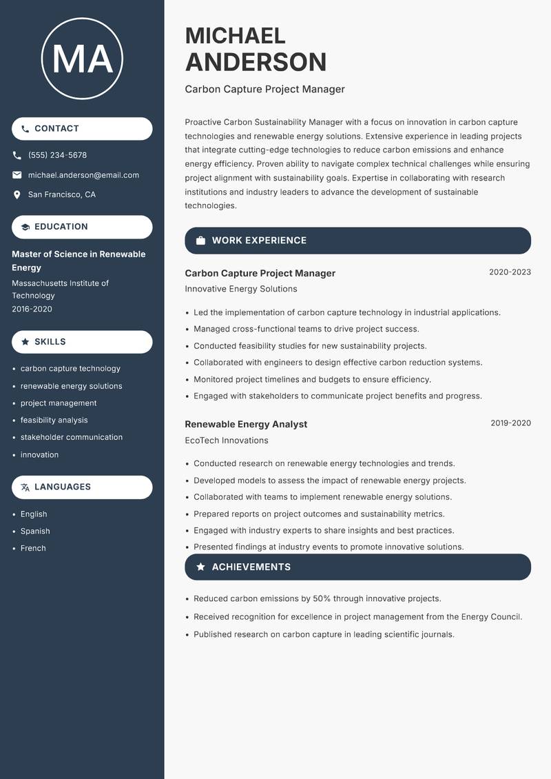 Carbon Sustainability Manager resume template — Compact
