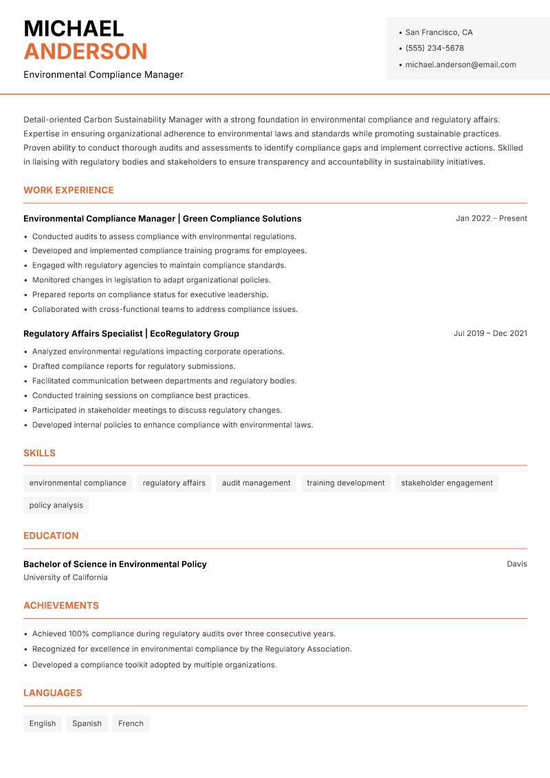 Carbon Sustainability Manager resume template — Modern Professional