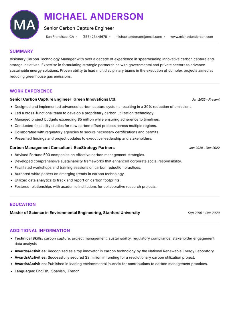 Carbon Technology Manager resume example — ATS-friendly template