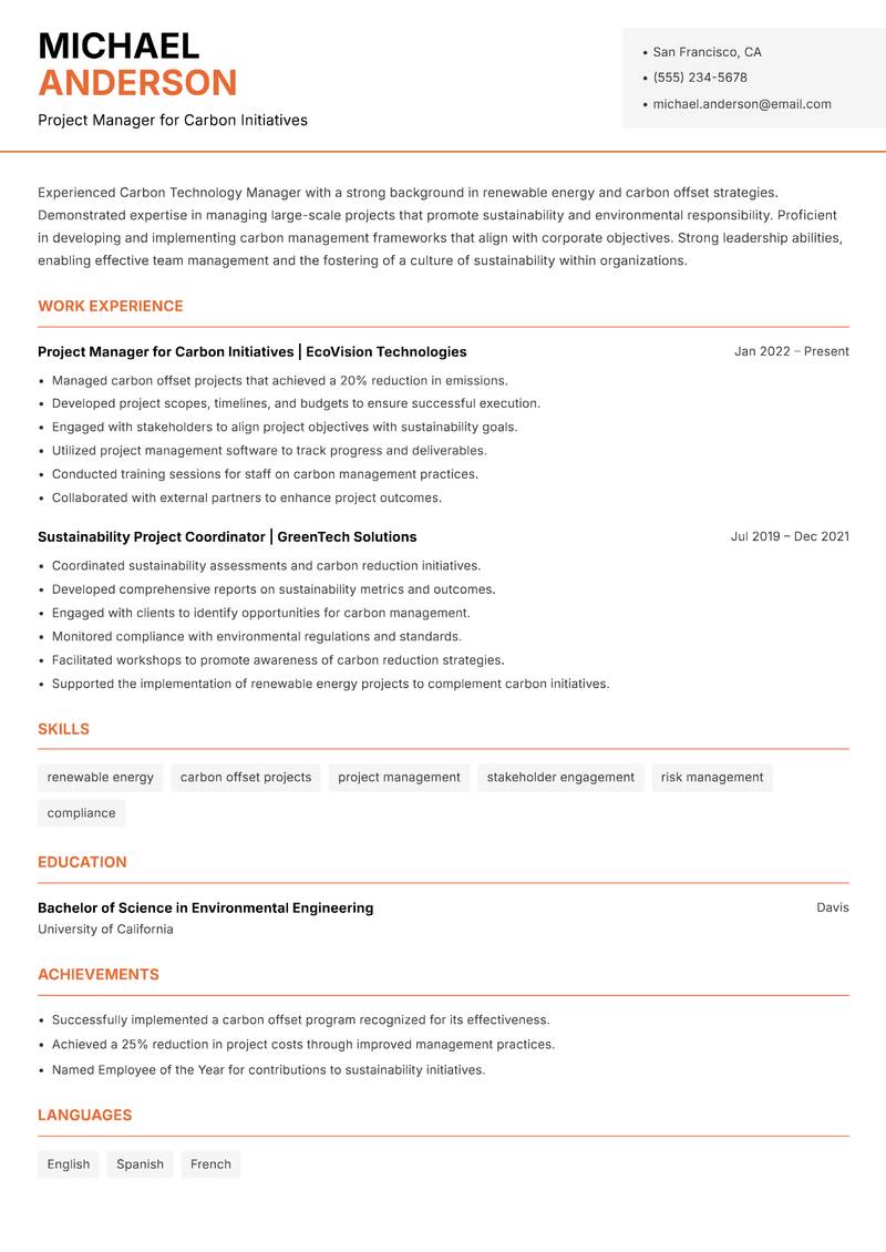 Carbon Technology Manager resume template — Modern Professional