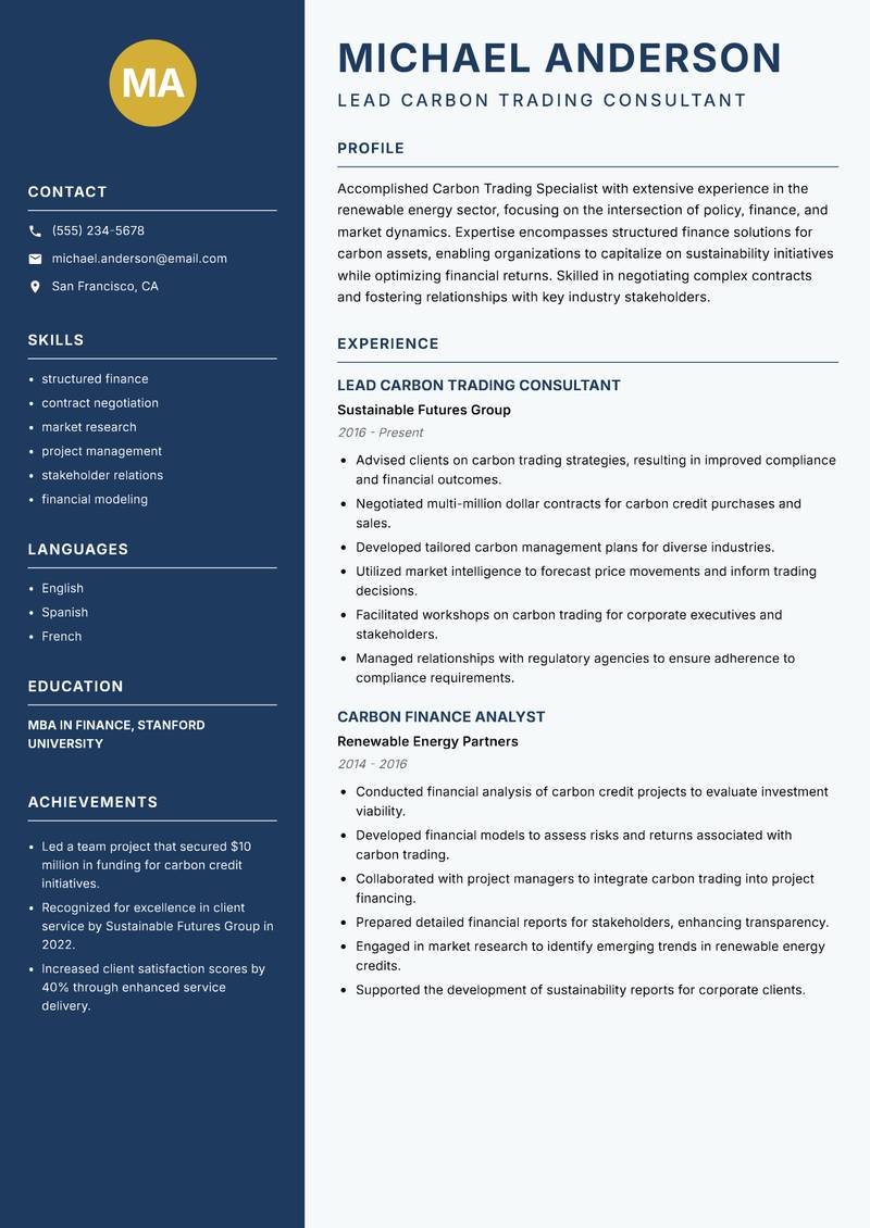 Carbon Trading Specialist resume template — Classic Clean