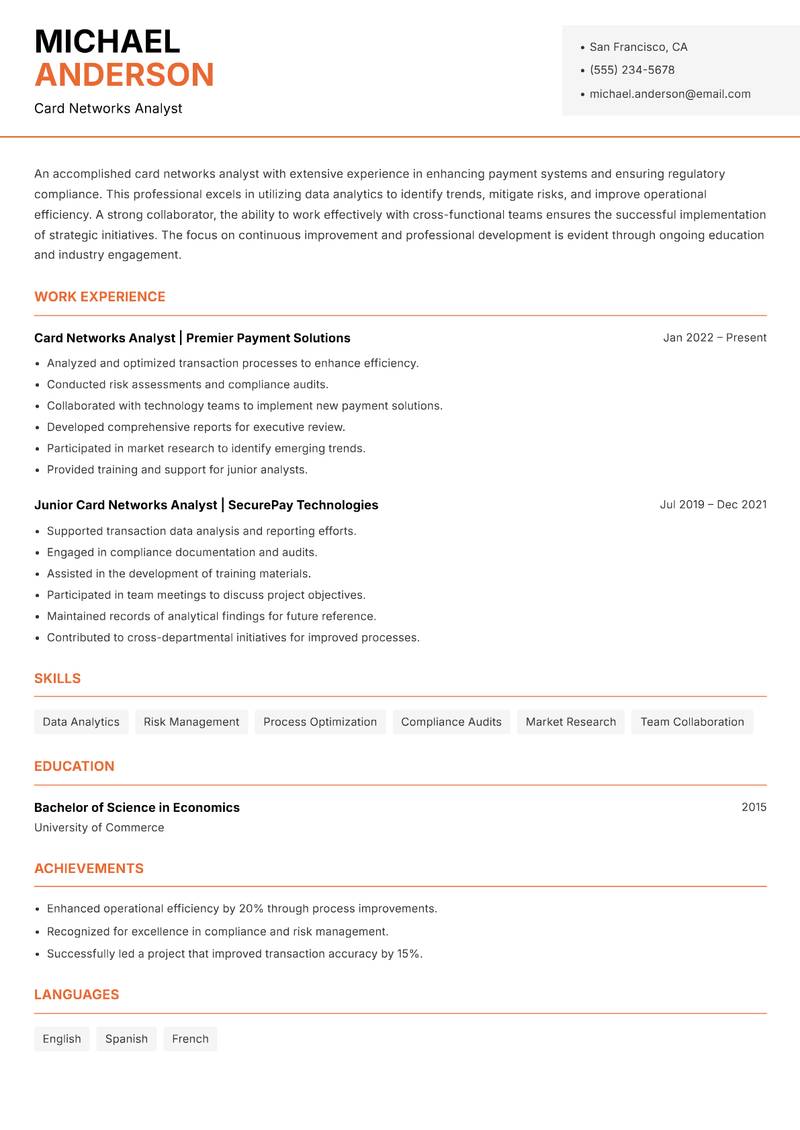 Card Networks Analyst resume template — Modern Professional