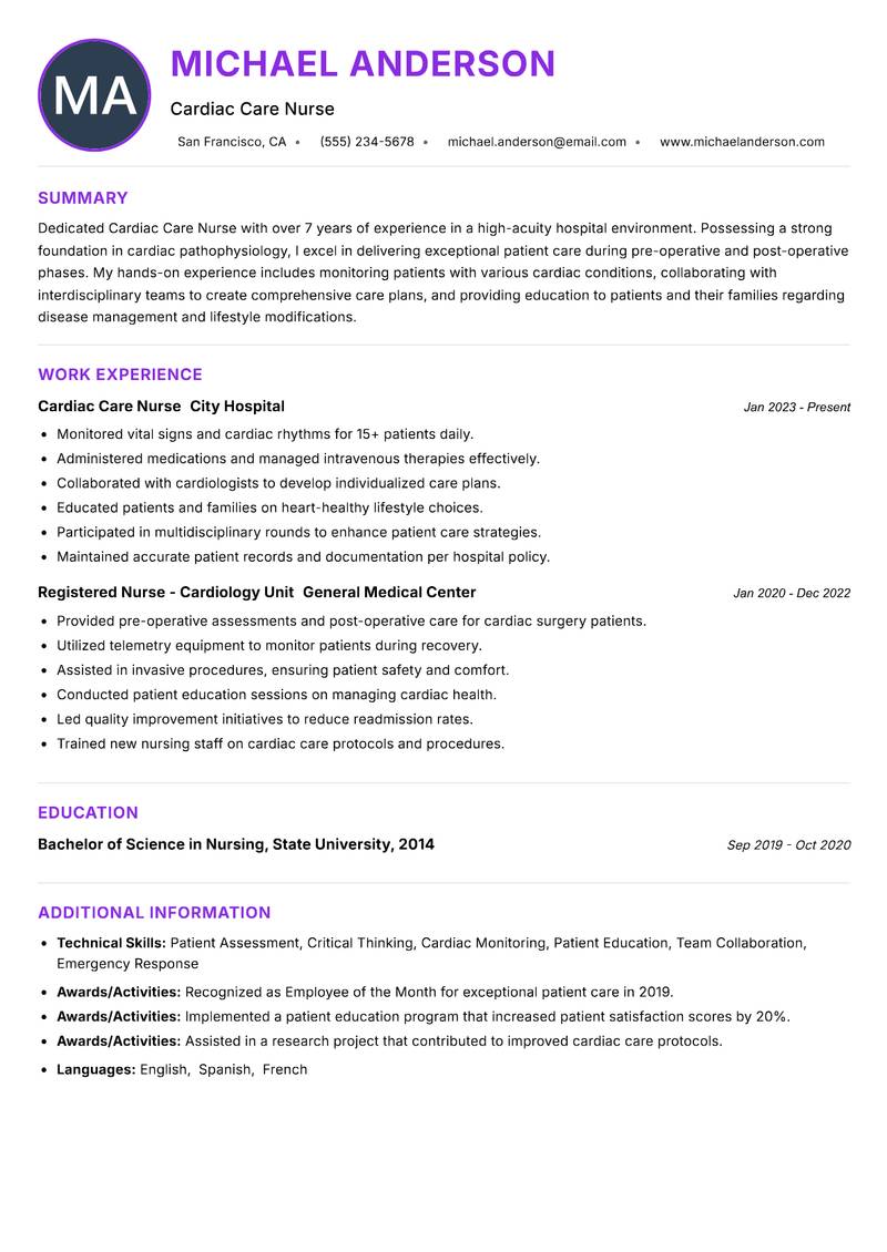 Cardiac Care Nurse resume example — ATS-friendly template