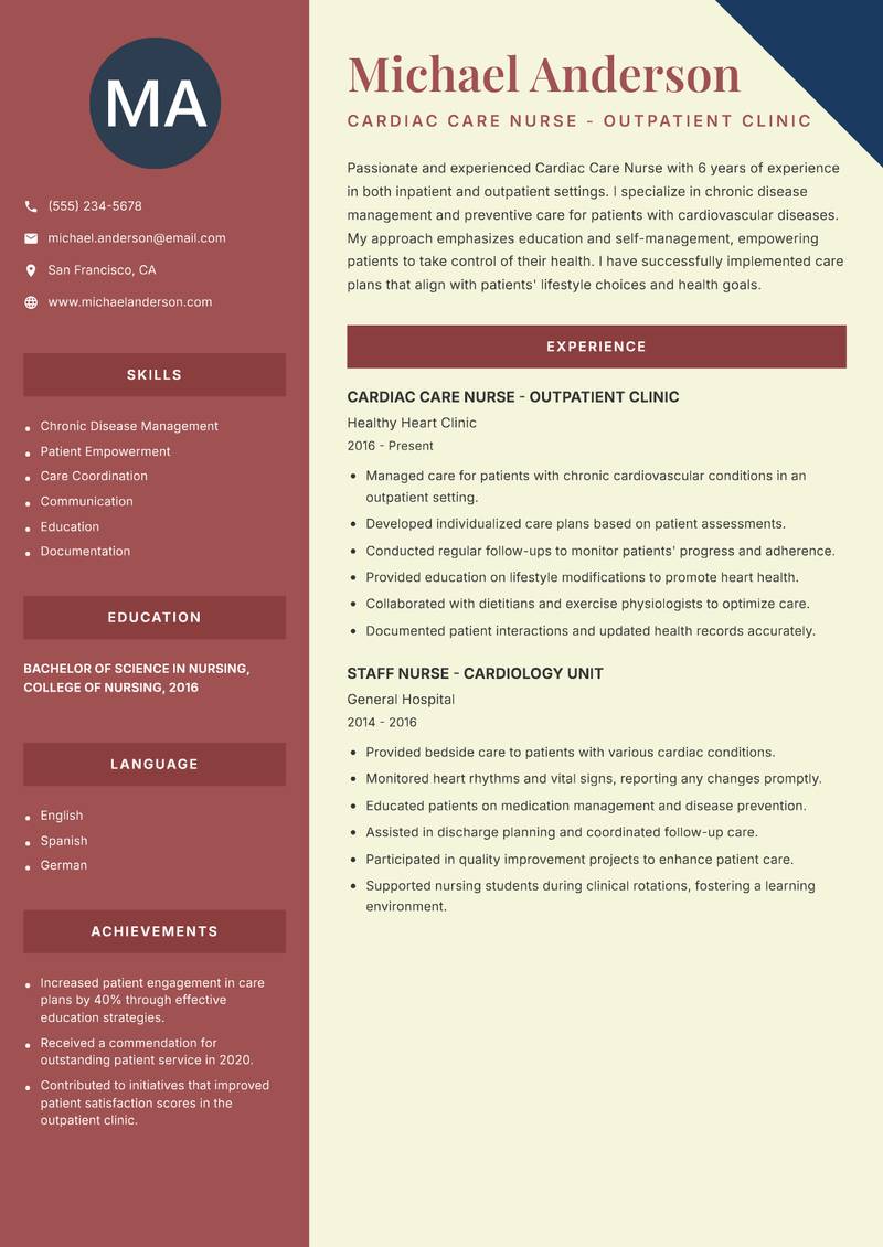 Cardiac Care Nurse resume template — Two Column