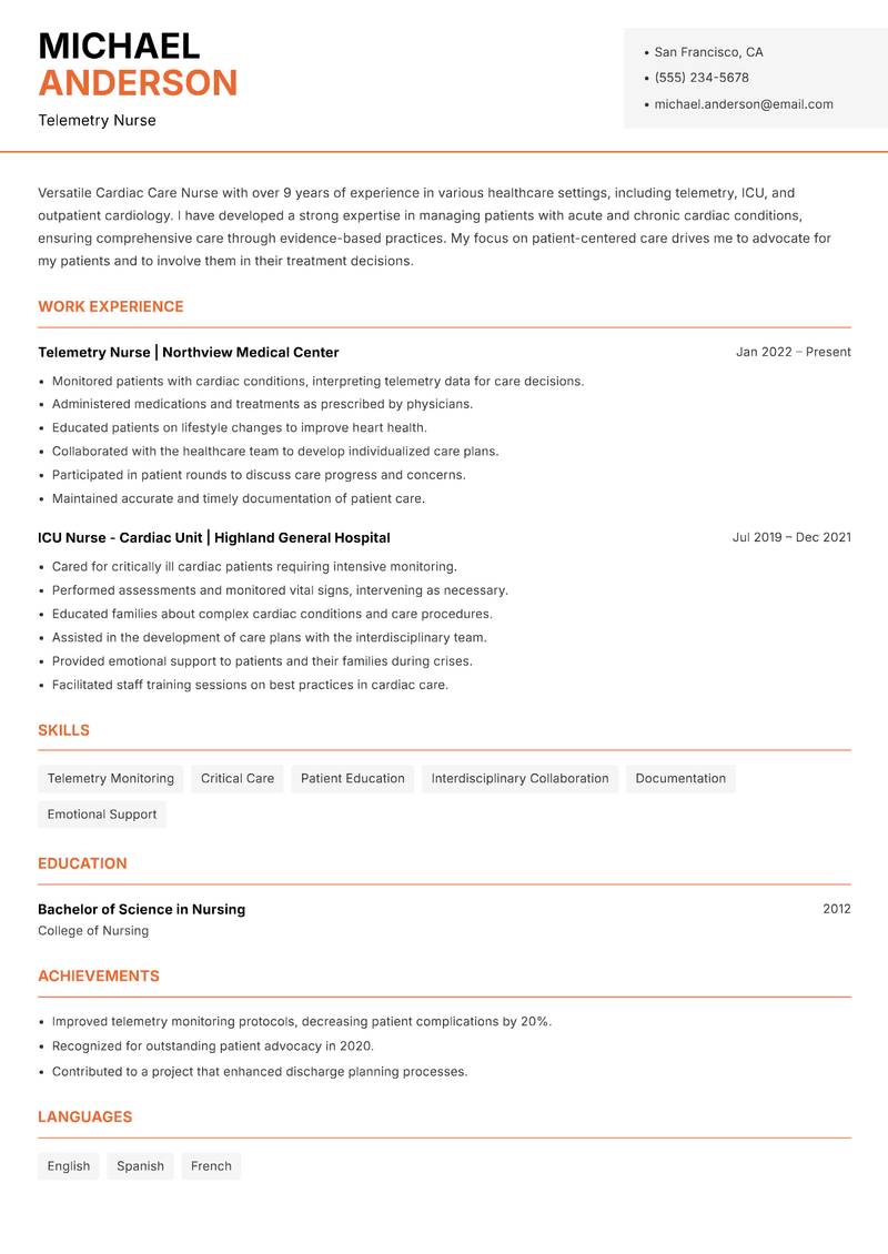 Cardiac Care Nurse resume template — Modern Professional