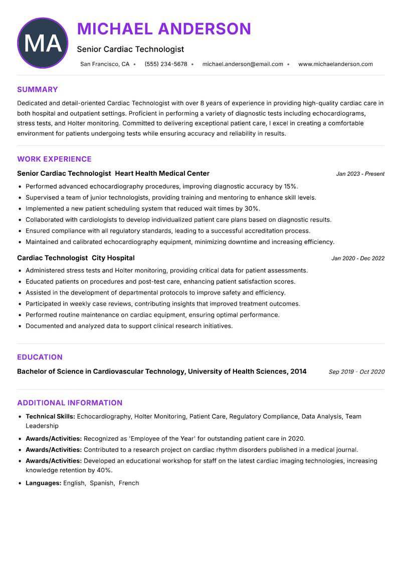 Cardiac Technologist resume example — ATS-friendly template