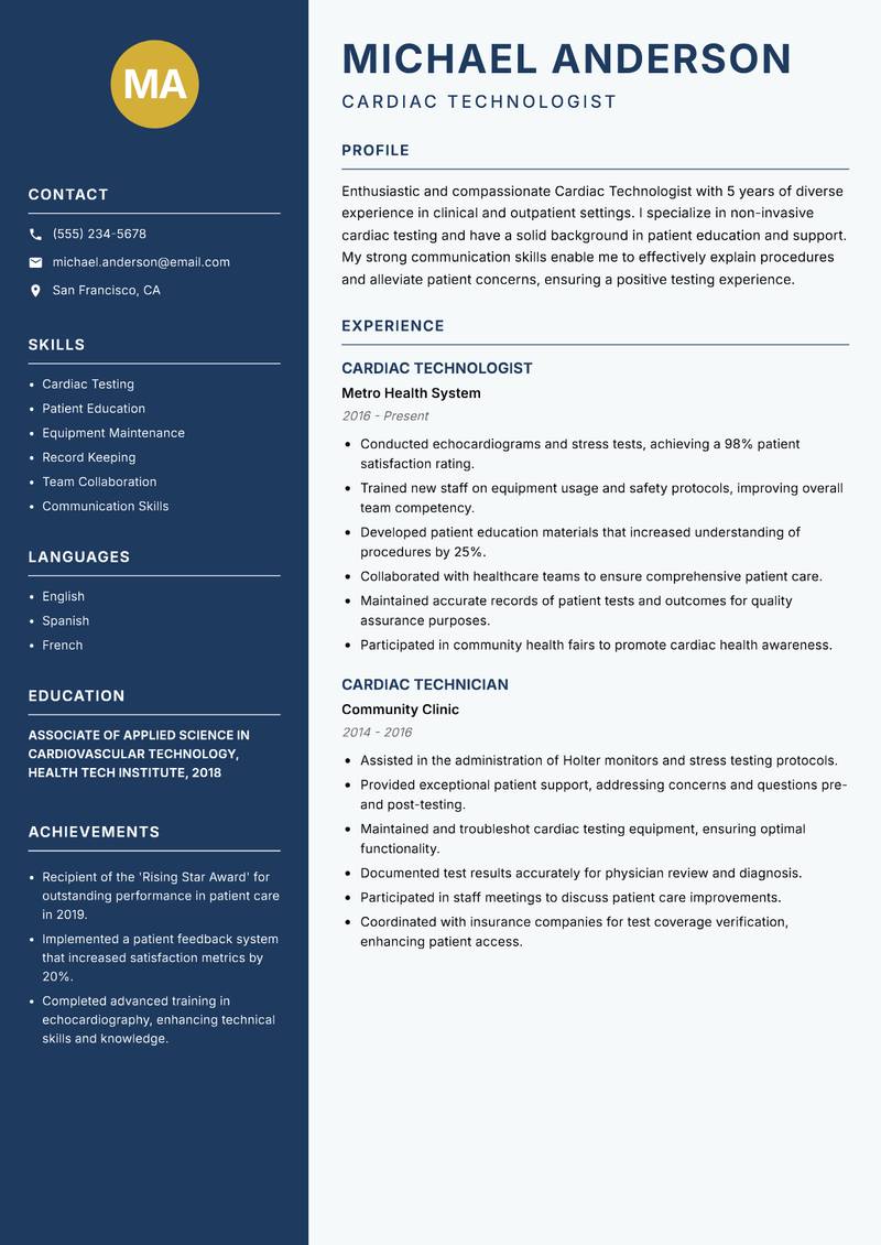 Cardiac Technologist resume template — Classic Clean