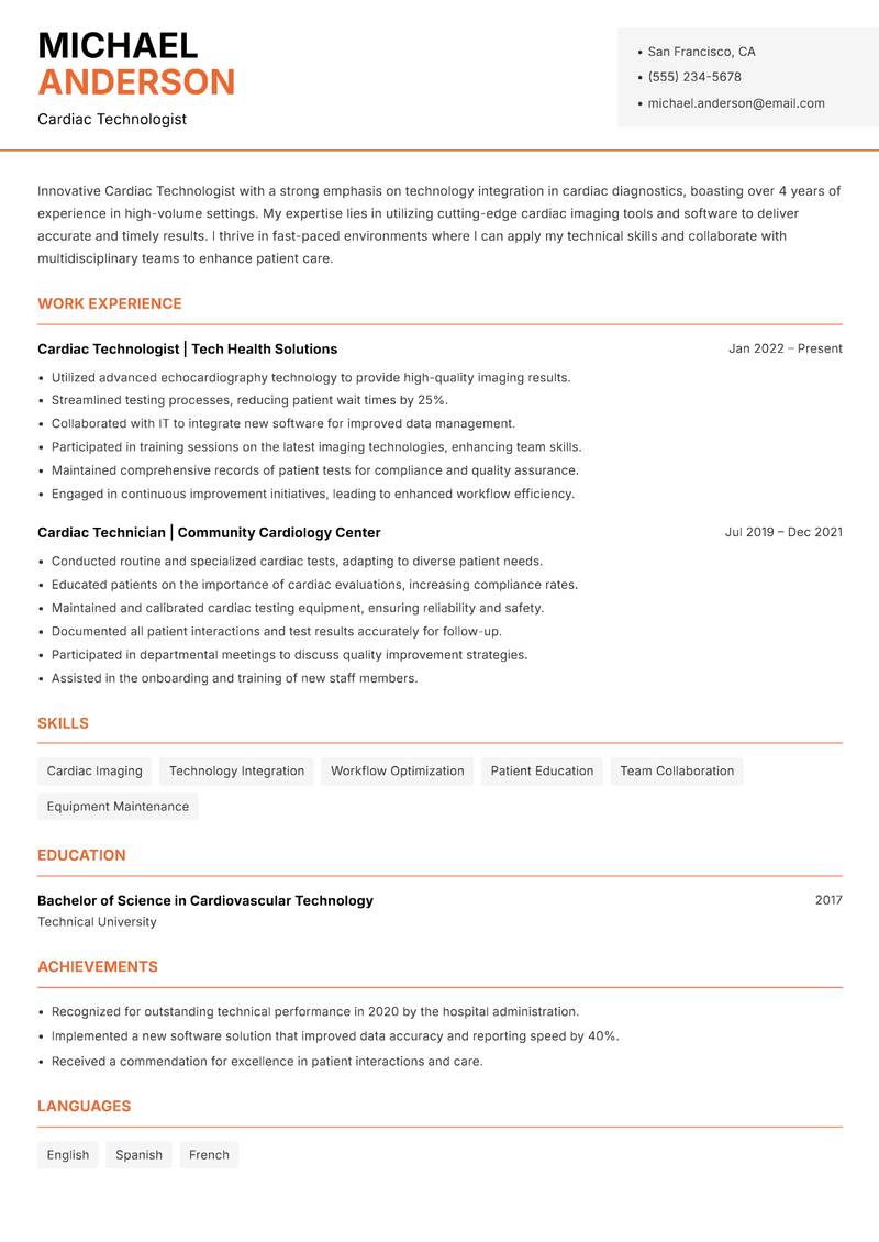 Cardiac Technologist resume template — Modern Professional