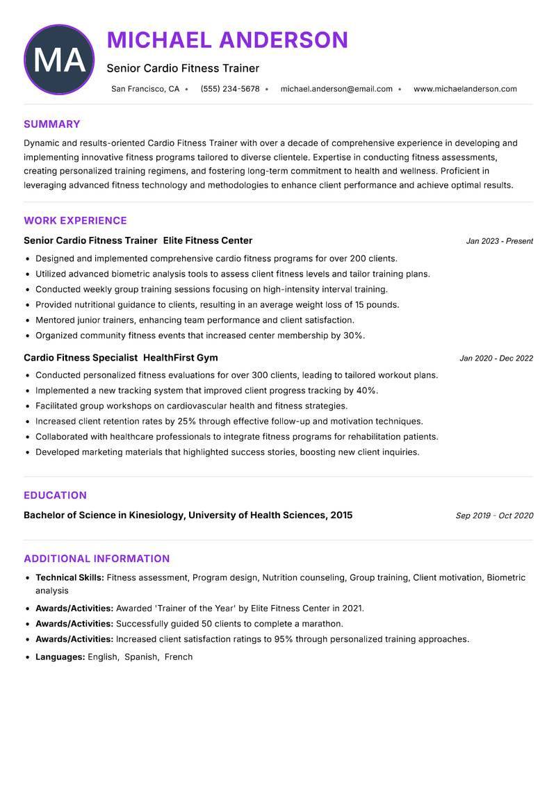 Cardio Fitness Trainer resume example — ATS-friendly template