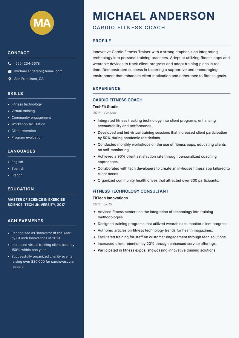 Cardio Fitness Trainer resume template — Classic Clean