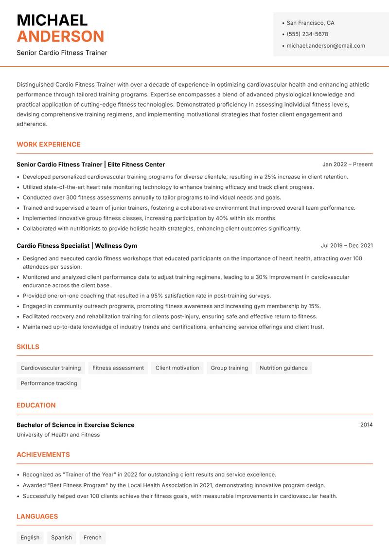 Cardio Fitness Trainer resume template — Modern Professional