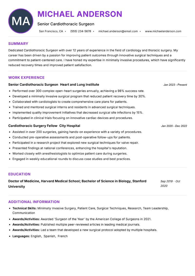 Cardiothoracic Surgeon resume example — ATS-friendly template