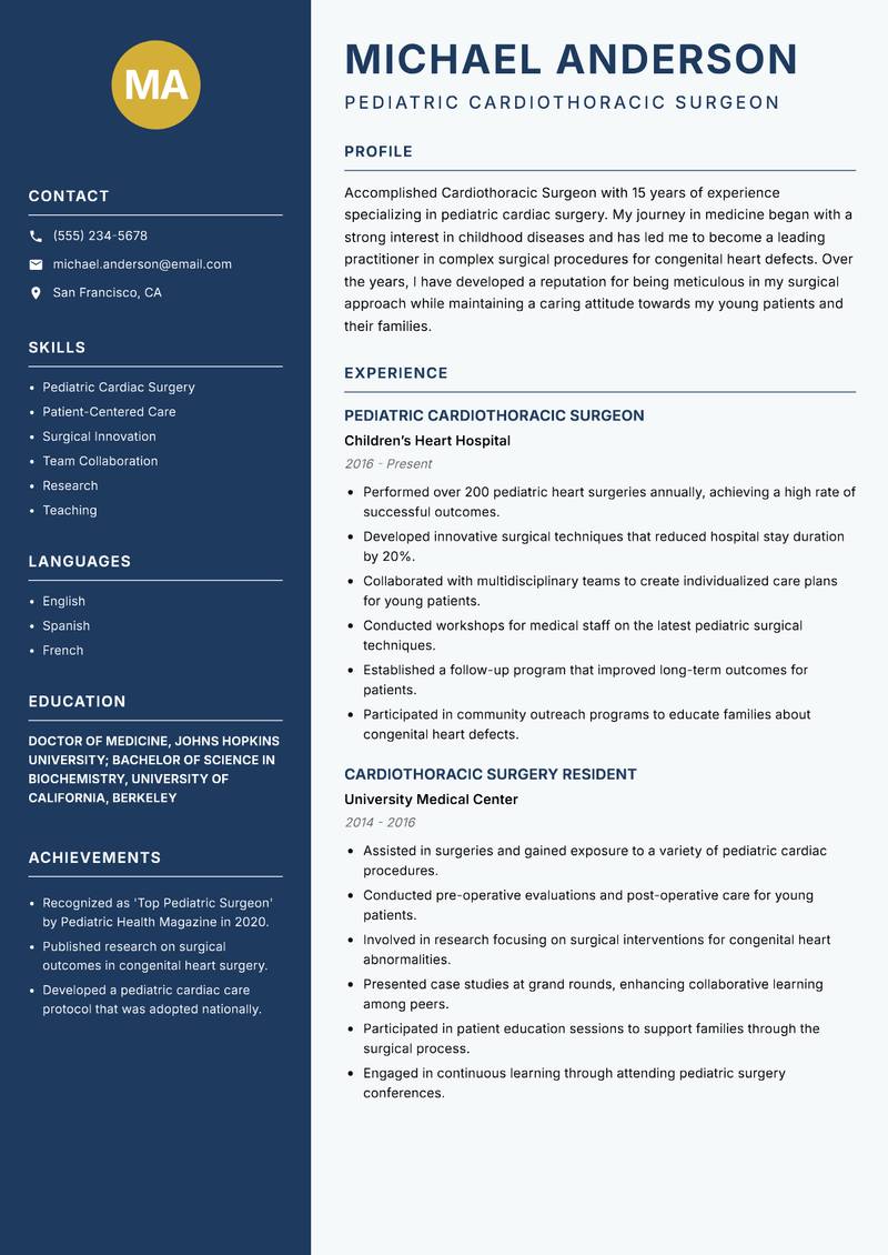 Cardiothoracic Surgeon resume template — Classic Clean