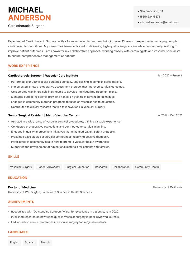 Cardiothoracic Surgeon resume template — Modern Professional