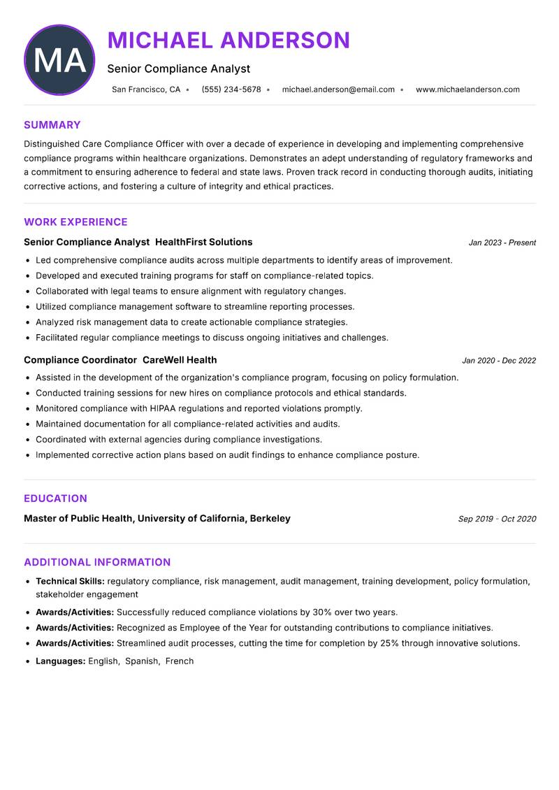 Care Compliance Officer resume example — ATS-friendly template