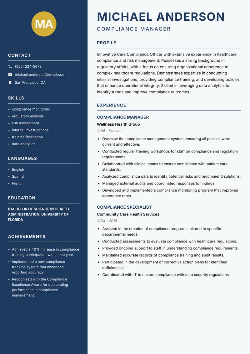 Care Compliance Officer resume template — Classic Clean