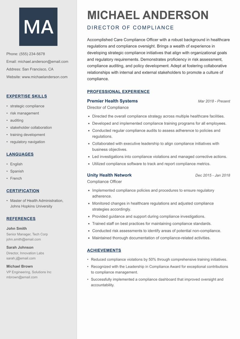 Care Compliance Officer resume template — Creative Minimal