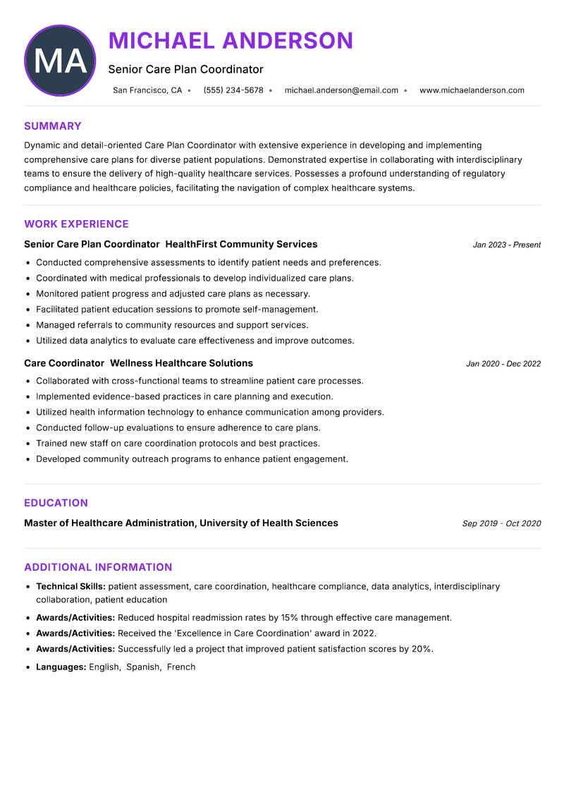 Care Plan Coordinator resume example — ATS-friendly template