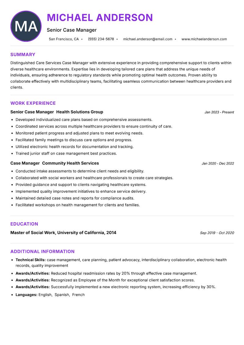 Care Services Case Manager resume example — ATS-friendly template