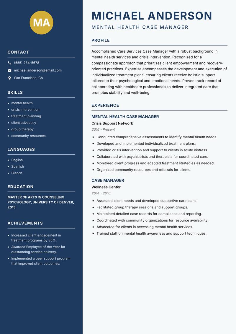 Care Services Case Manager resume template — Classic Clean