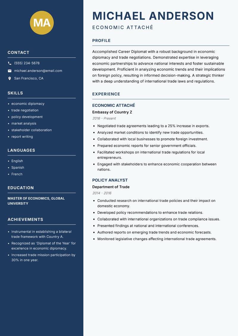 Career Diplomat resume template — Classic Clean