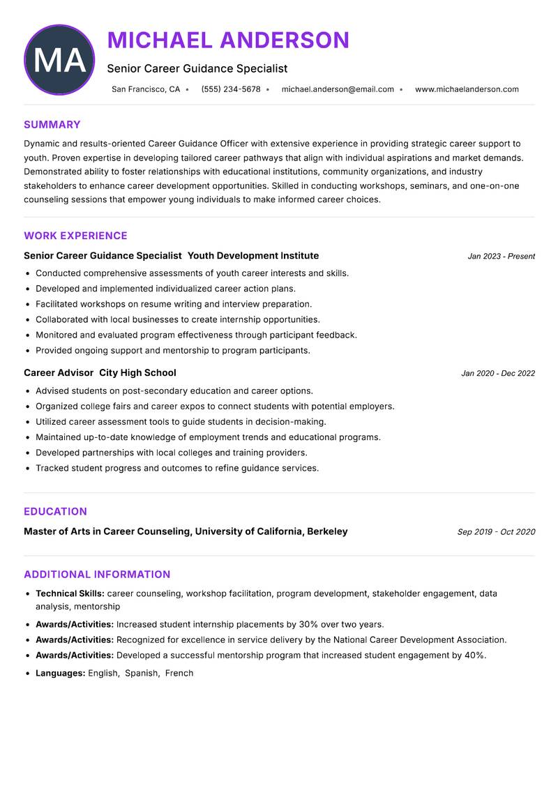 Career Guidance Officer Youth resume example — Youth Development