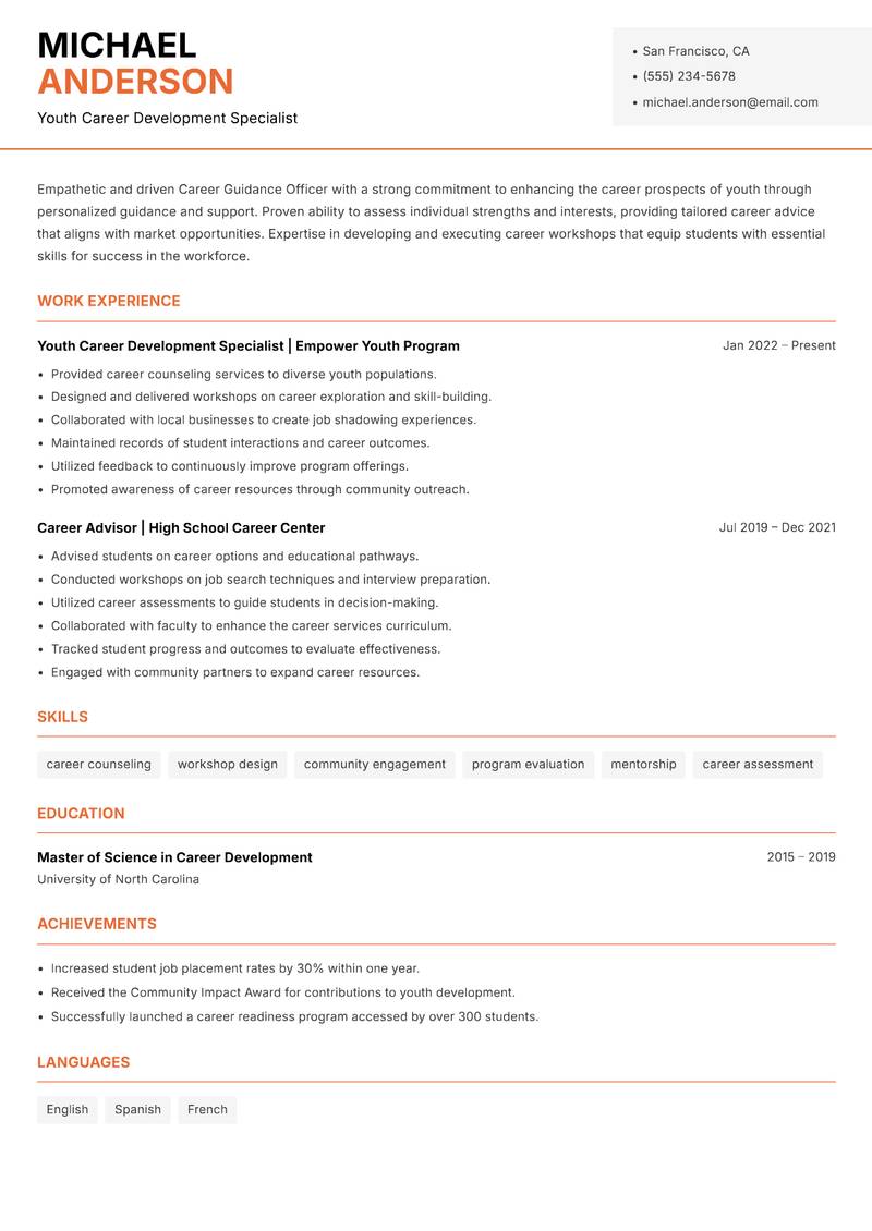 Career Guidance Officer Youth resume template — Modern Professional