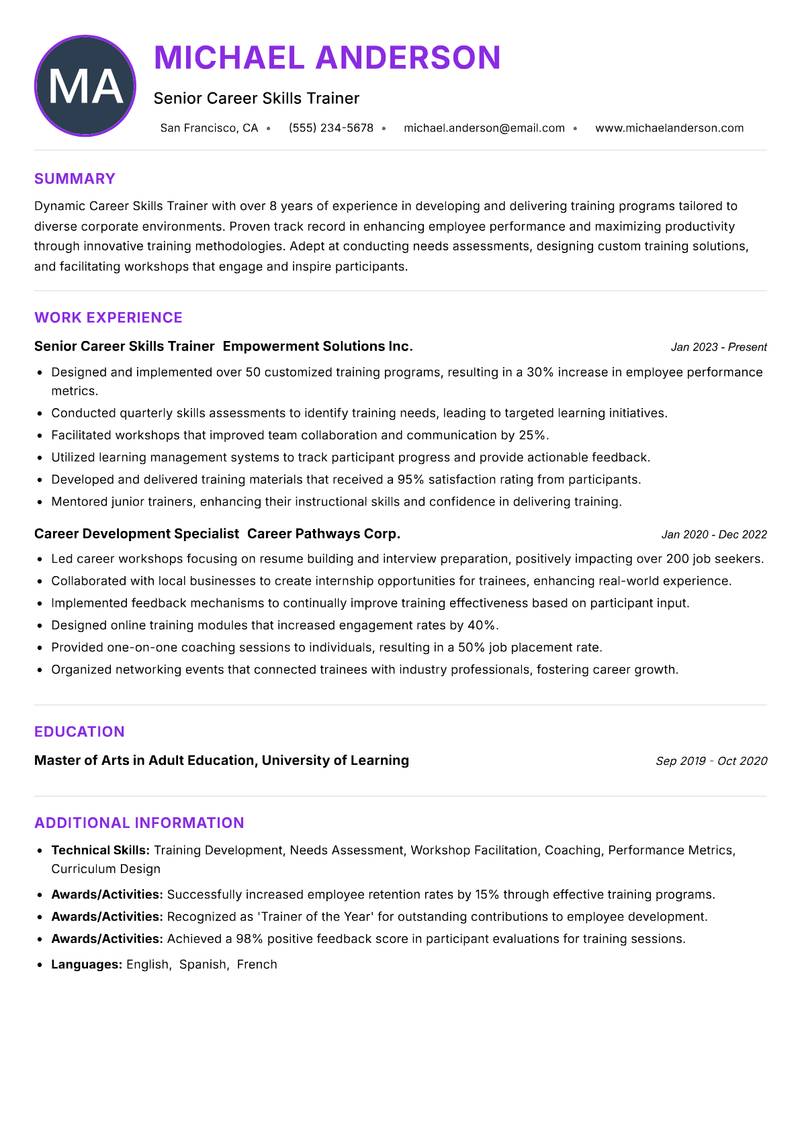 Career Skills Trainer resume example — Vocational Education