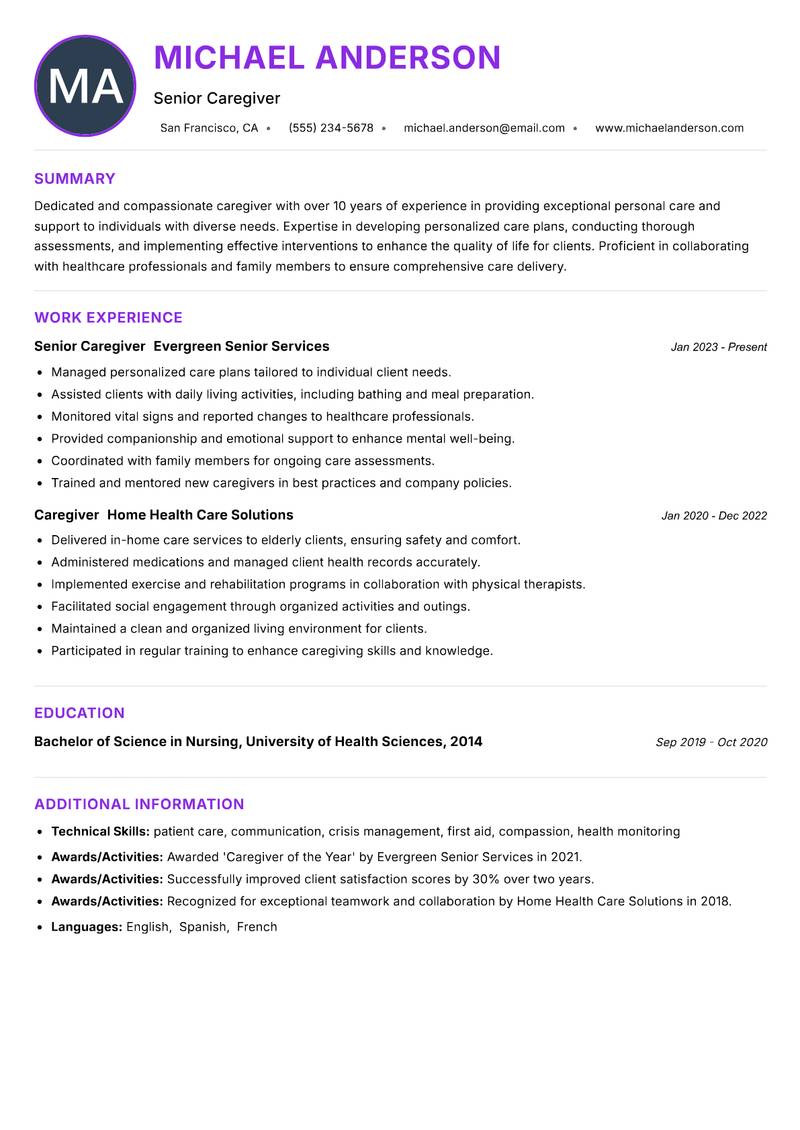 Caregiver resume example — ATS-friendly template