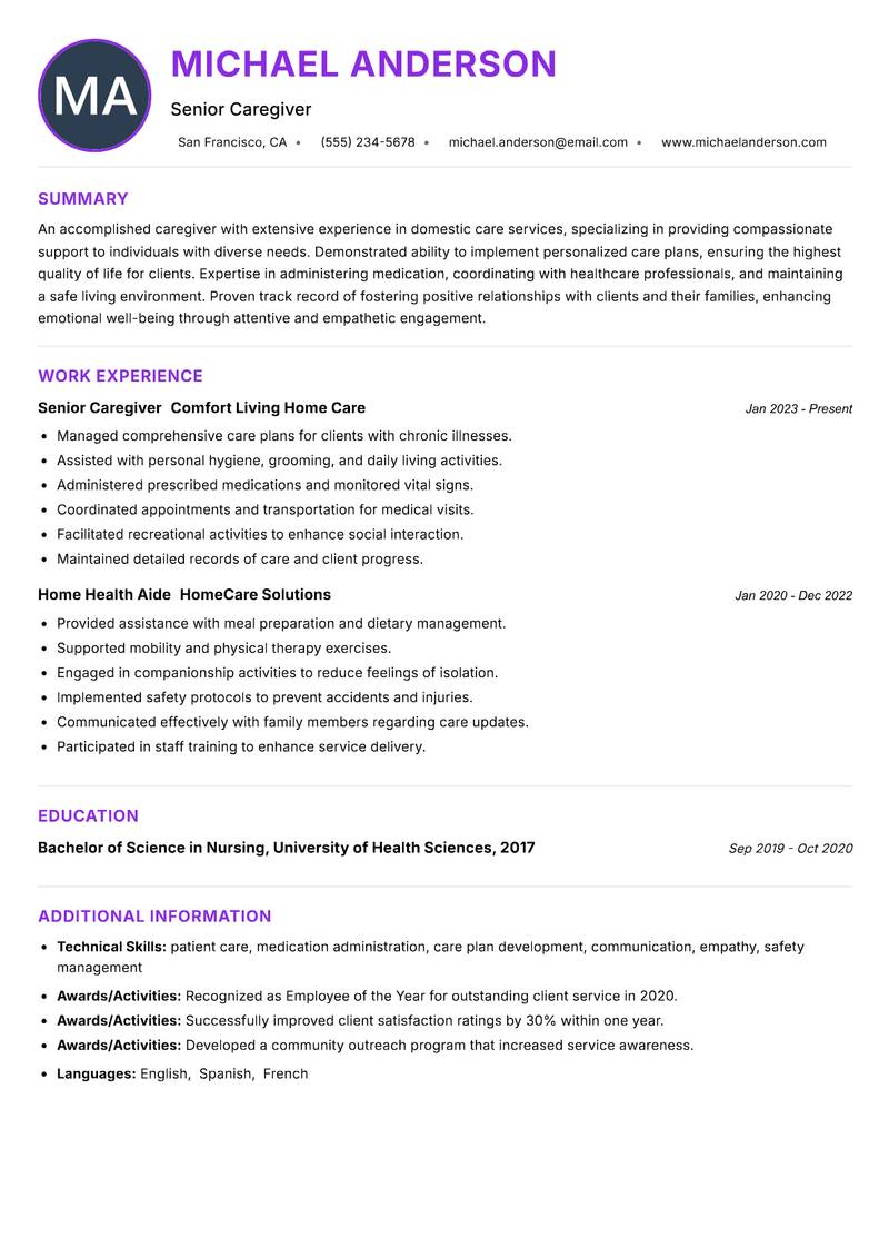 Caregiver Domestic resume example — ATS-friendly template