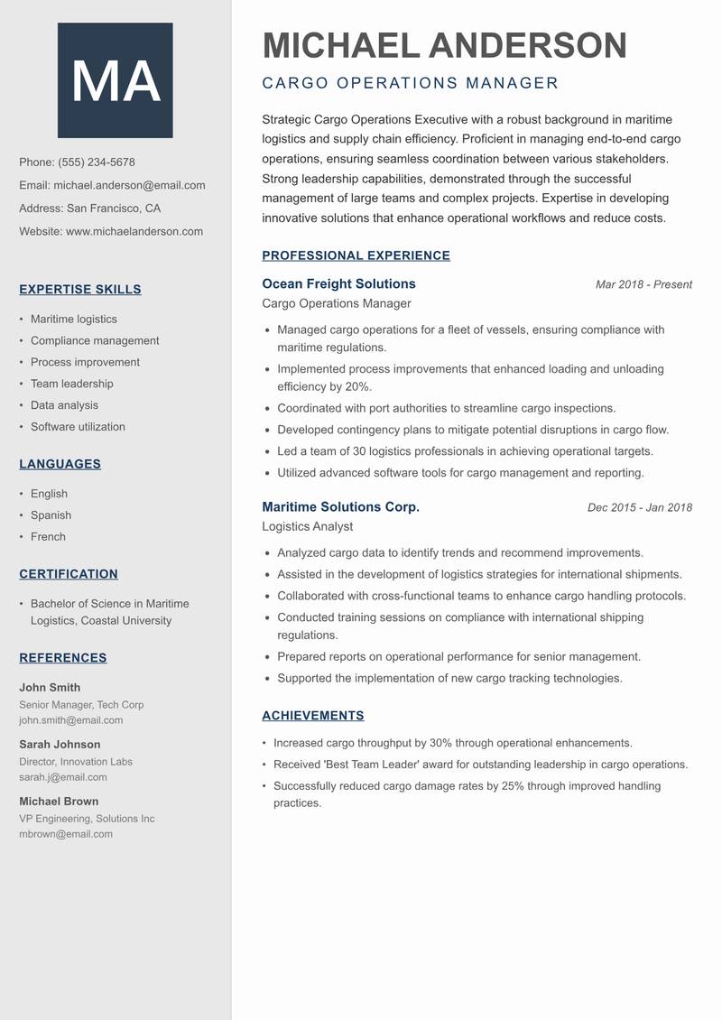Cargo Operations Executive resume template — Creative Minimal